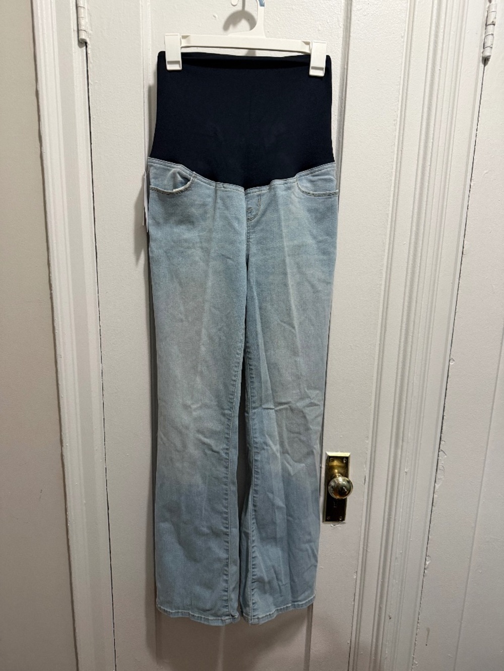 Ingrid & Isabel Light Wash Wide Leg Maternity Jeans with Black Panel - Picture 1 of 7